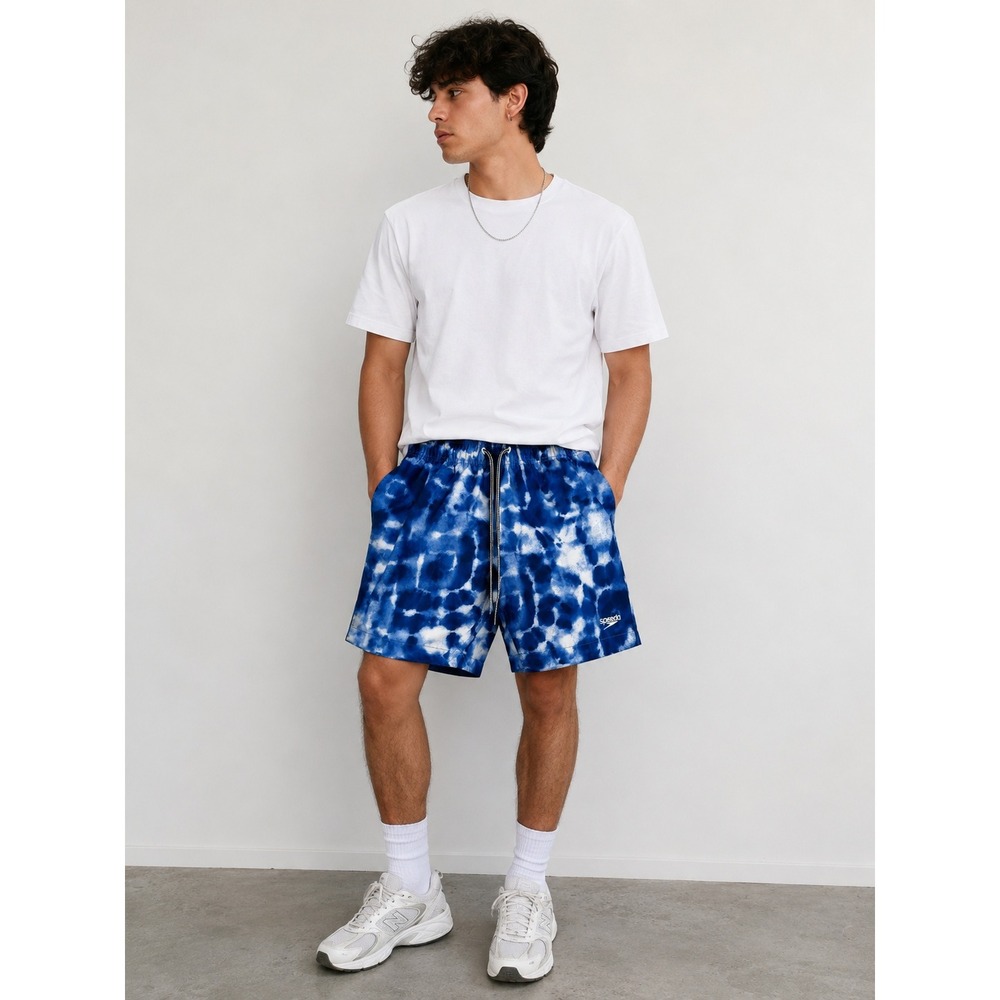 Speedo Mens Board Shorts Medium Blue White Tie Dye Swim Trunks Beachwear